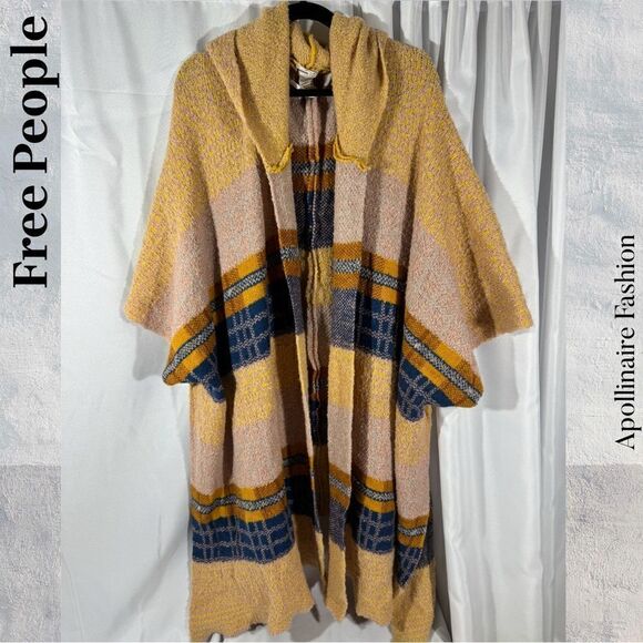 FREE PEOPLE MERCER HOODED KIMONO IN TAN BLUE OS NEW - Picture 5 of 10